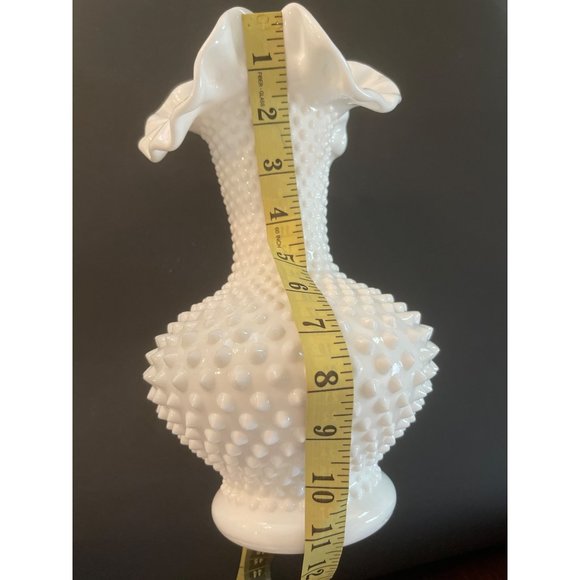 Vintage Fenton Vase Hobnail Milk Glass Bulbous Ruffle 11" White Pre Fenton Mark - Picture 4 of 7
